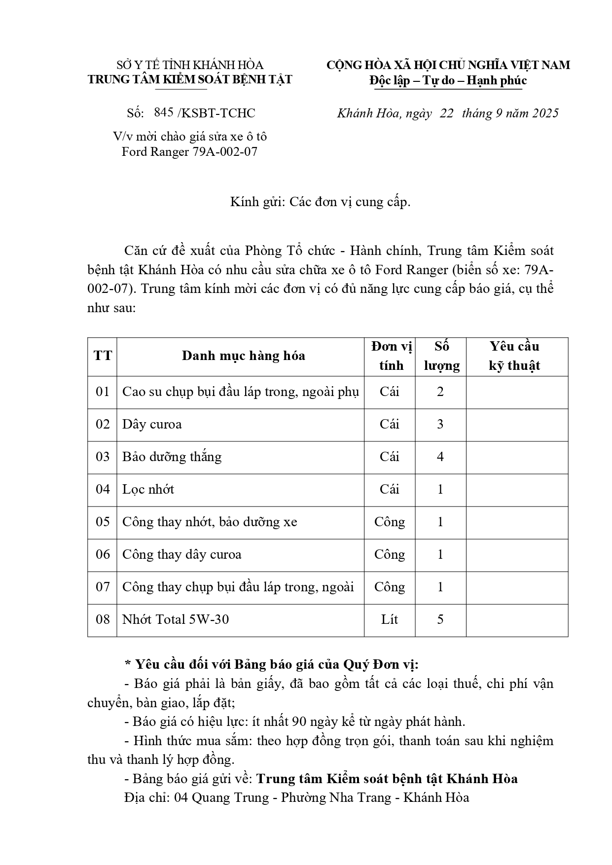 V/v mời chào giá sửa xe ô tô Ford Ranger 79A-002-07